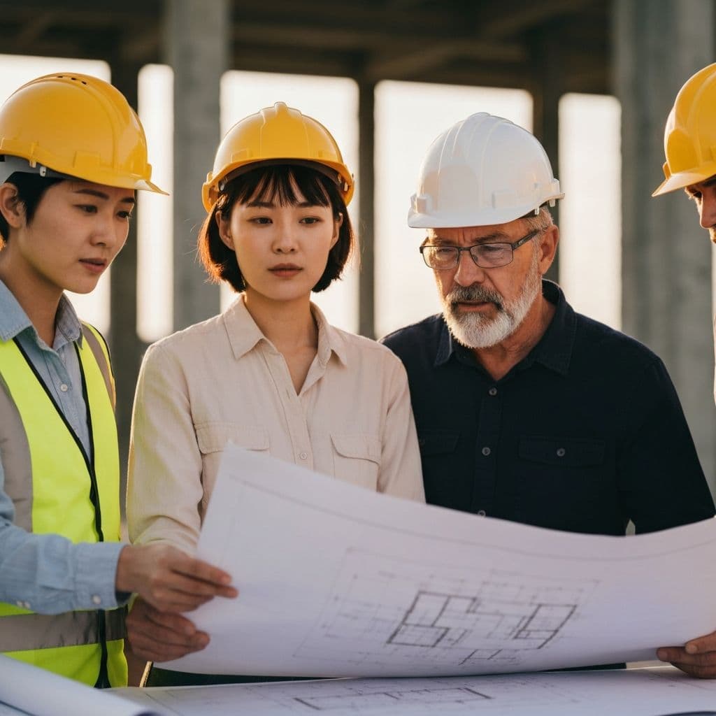 Construction team reviewing blueprints on site